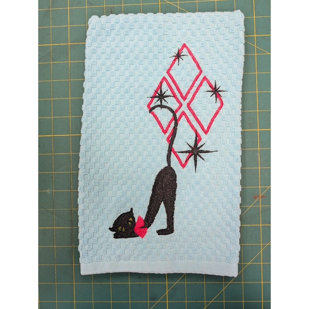 Retro Atomic Cat Mid-Century Modern Kitchen Tea Towel Handcrafted Light Blue